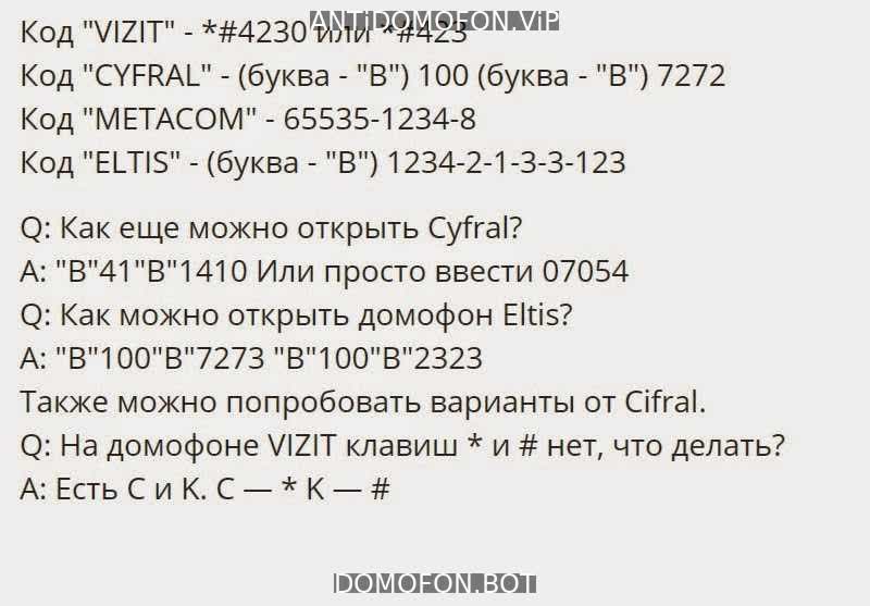 Универсальные коды домофонов Архангельск